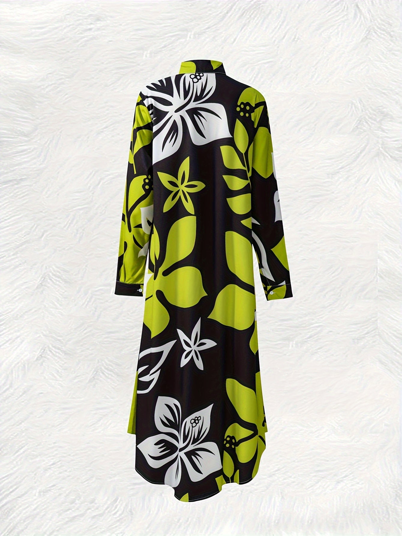 Floral Print Polo Collar Shirt Dress, Vacation Style Button Front Long Sleeve A-line Peplum Ankle Length Dress For Spring & Summer, Women's Clothing
